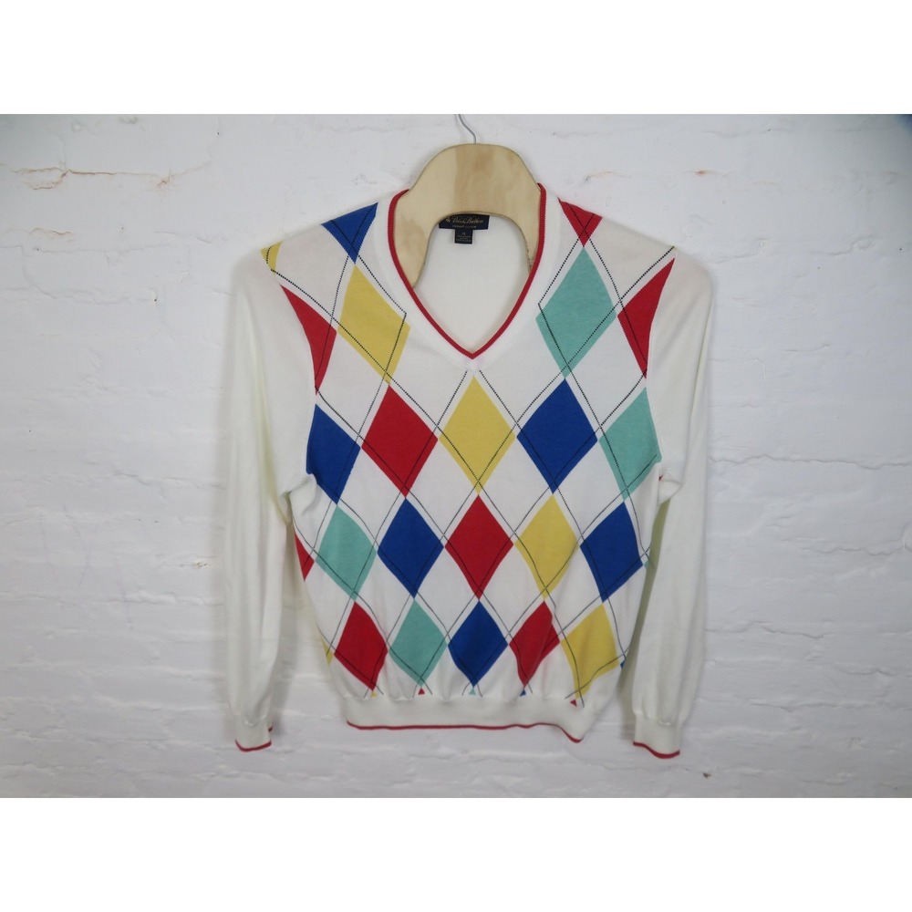 Brooks Brothers Sweater Mens XL Multicolor Argyle V Neck Supima Cotton Knit